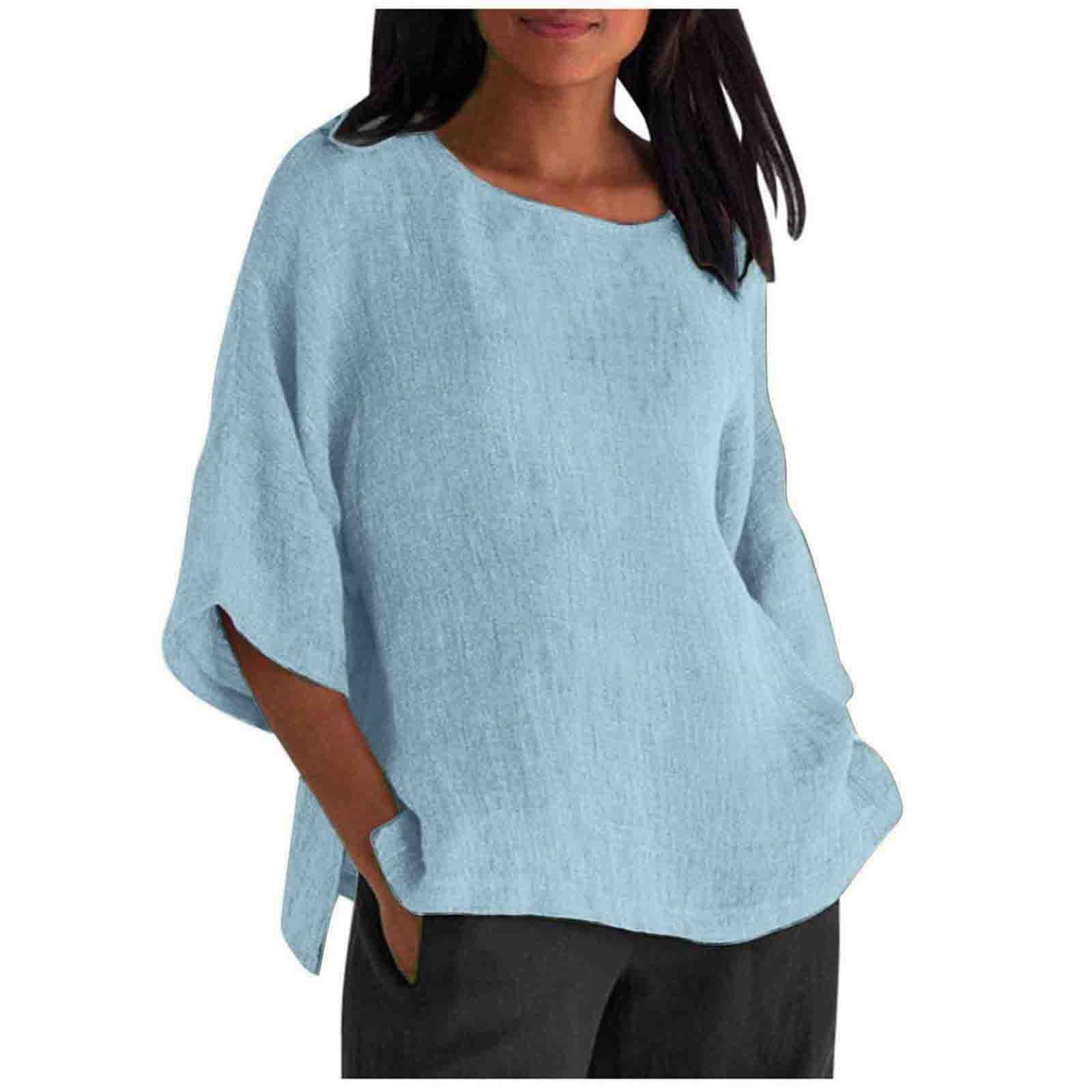 Womens Casual Crew-neck Cotton-linen Shirt Top