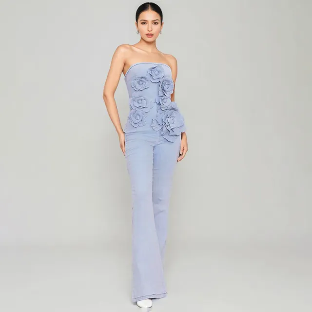 Elegant Commuter Tube Top Three dimensional Flower High Waist Jumpsuit Blue - Shop at LoveMi