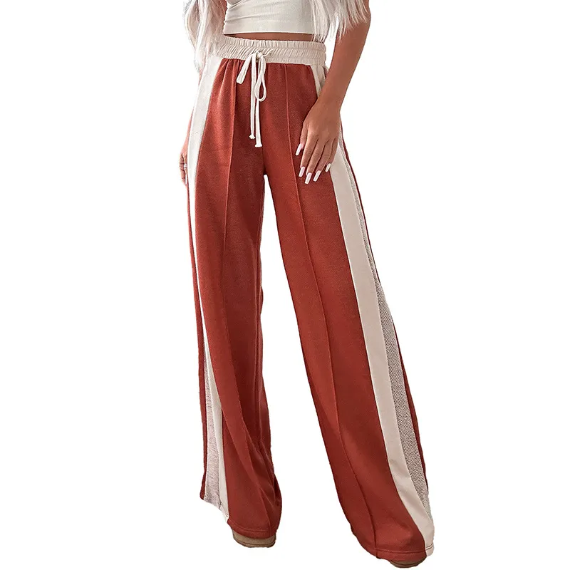 Women's High Waist Wide Leg Pants European And American Simple Loose Colour Matching Drawstring - P9014