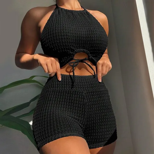 Sexy Solid Color High Waist Split Bikini Swimsuit For Women Black - Shop at LoveMi