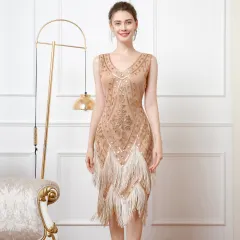 Retro Double-layered Tassel V-neck Bead Dress - Apricot Gold - View 1