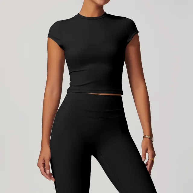European And American Exercise Yoga Clothes Women's Brushed Tight Back Yoga Short Sleeve Advanced Black - Shop at LoveMi