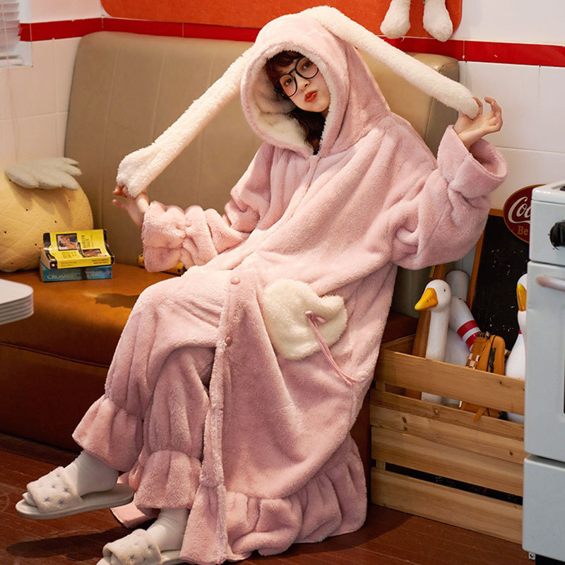 Title 6, Coral Fleece Long Nightgown Long Ears Hooded Ho...