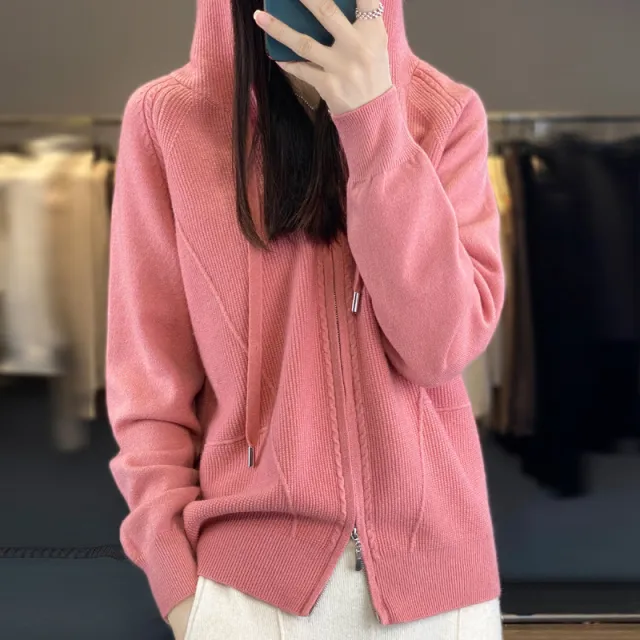 Hoodie Knitted Zipper Thickening Coat Pink - Shop at LoveMi