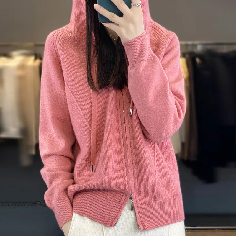 Hoodie Knitted Zipper Thickening Coat - Pink