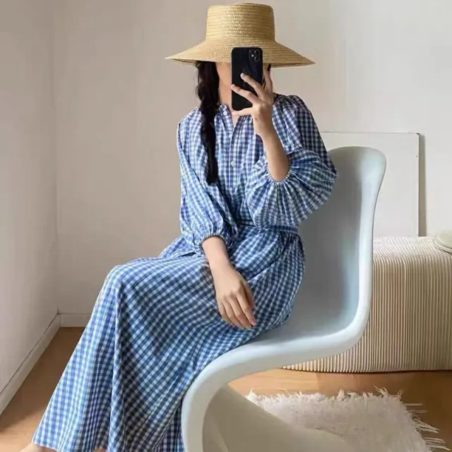 Unique Blue Plaid Puff Sleeve Dress Women Picture Color Blm 739 - Shop at LoveMi