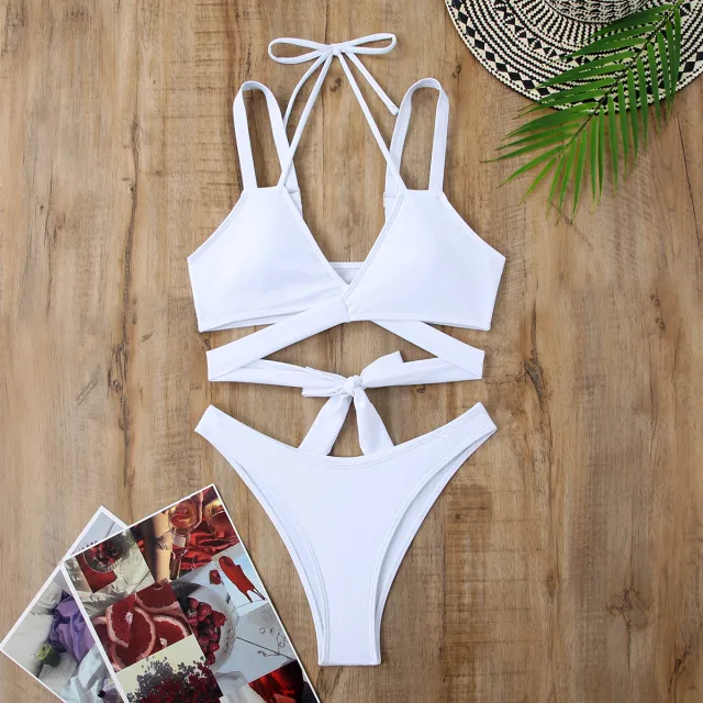 Solid Color Strap Beach Bikini Swimsuit White - Shop at LoveMi