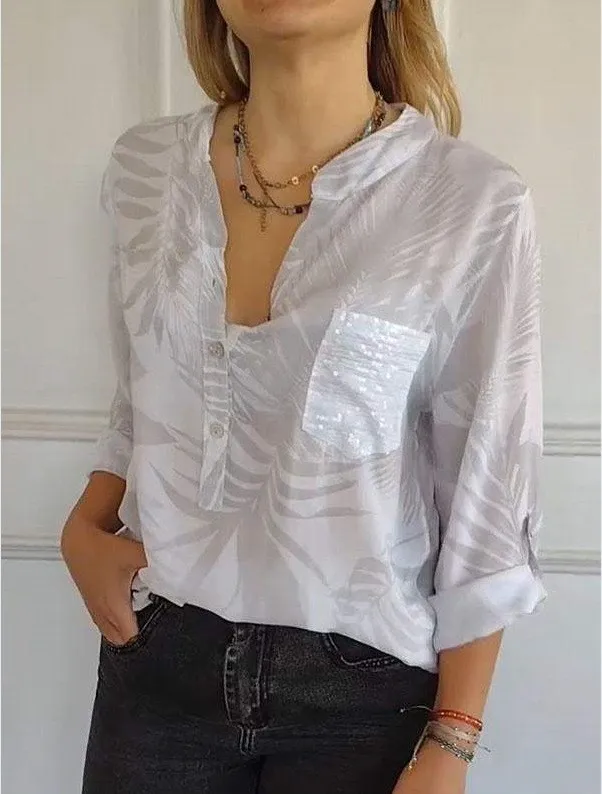 Loose Casual Long Sleeves Printed Sequined Pocket Shirt Leaves White - Shop at LoveMi