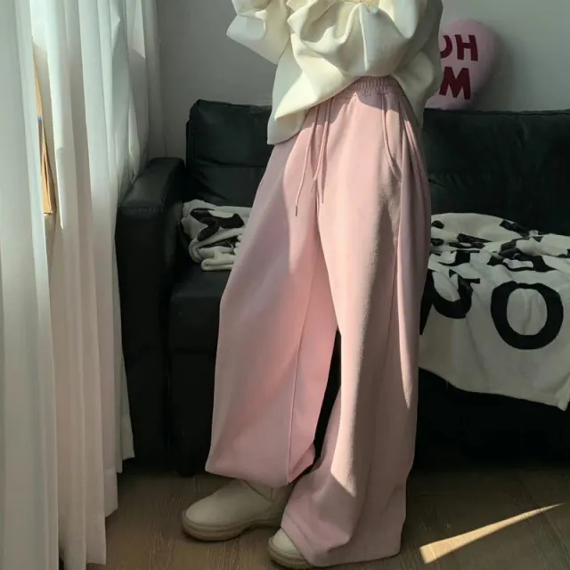 Thick Loose Drawstring Wide Leg Sweatpants Pink Silver Fox Velvet - Shop at LoveMi
