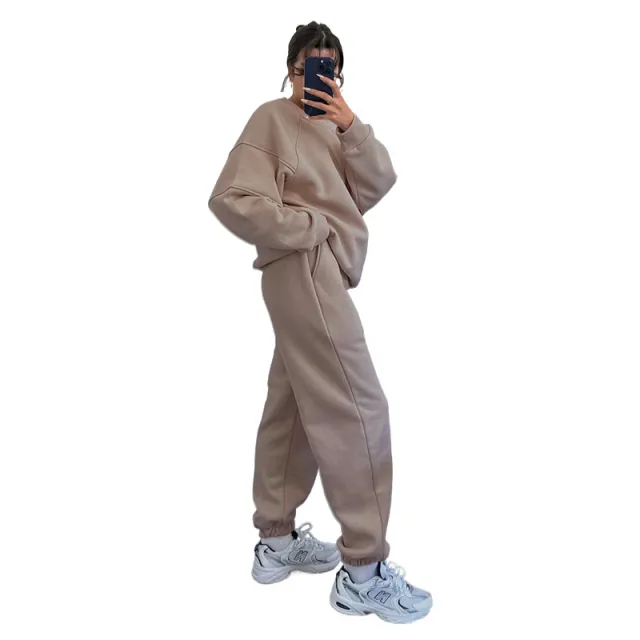 Solid Color Round Neck Long Sleeve Sweatshirt Women's Fashion Casual Loose Pants Suit Khaki - Shop at LoveMi
