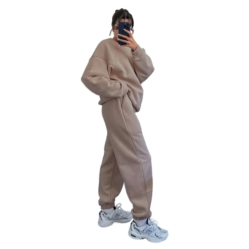 Solid Colour Round Neck Long Sleeve Sweatshirt Women's Fashion Casual Loose Pants Suit - Khaki