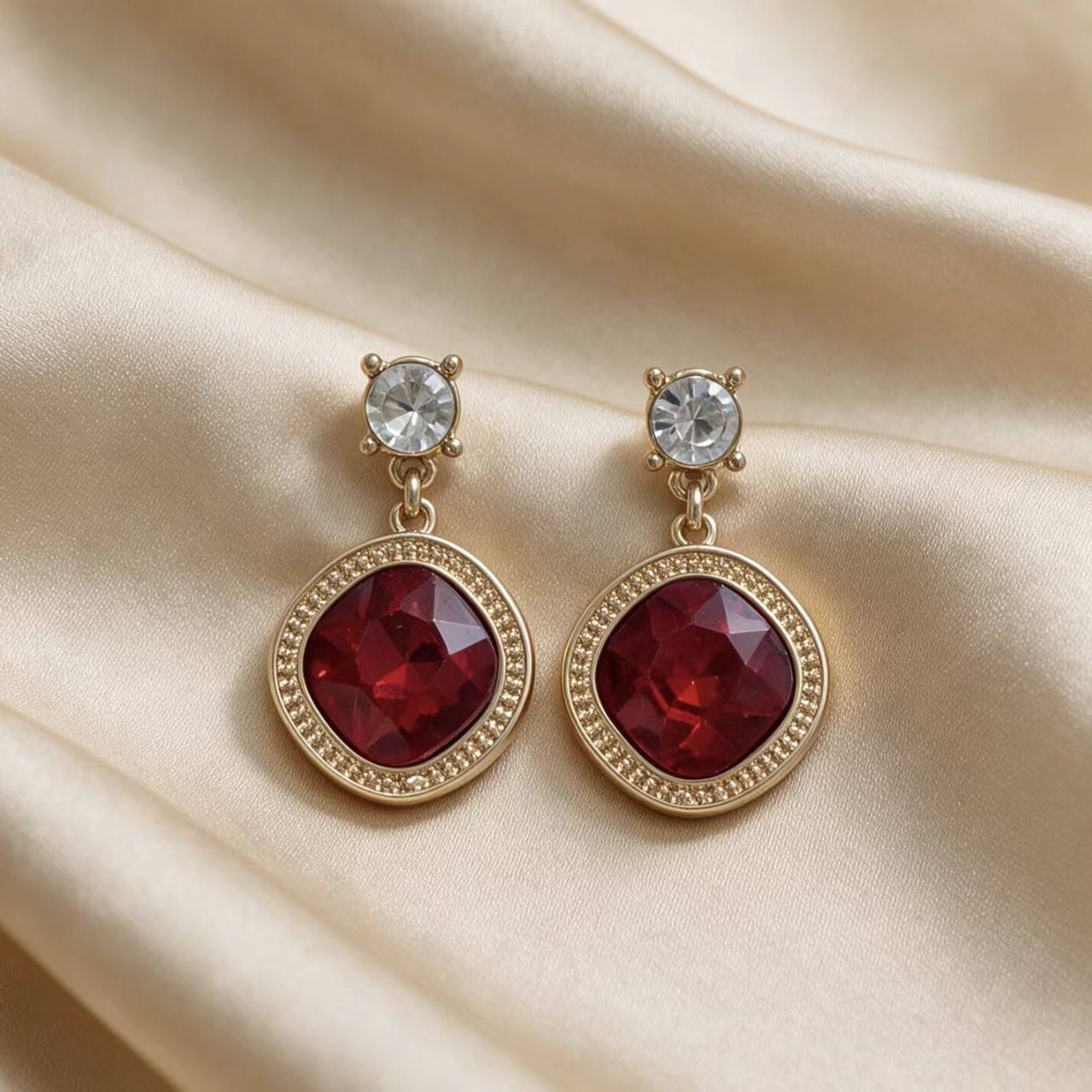 Square Cut Red Ice Flower Ear Earrings Light Luxury And Versatile For Women