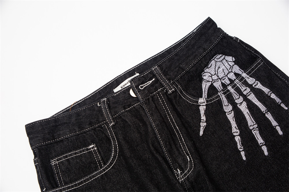 Title 4, Mens Dark Skeleton Embroidery Jeans, Comfortab...