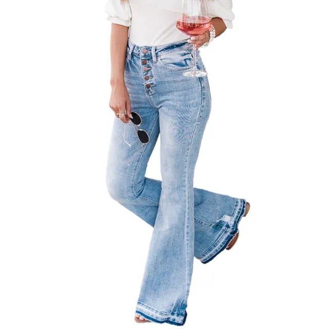 Autumn New Solid Color High Waist Denim Casual Versatile Buttons Slim Fit Bell bottom Pants Blue - Shop at LoveMi