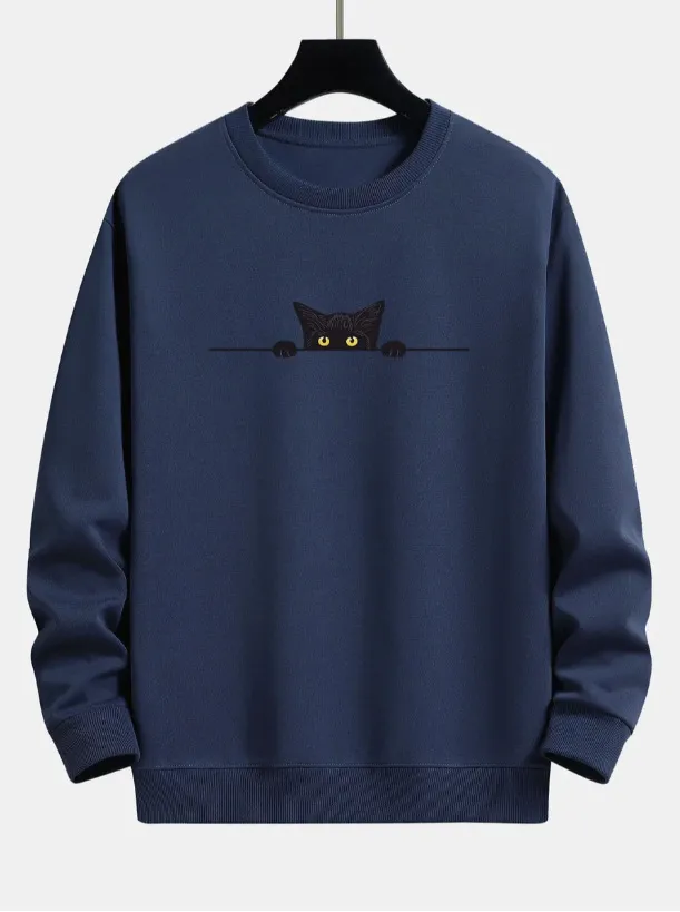 Creative Cat Print Cute Cat Round Neck Sweater - Navy Blue Pure Cotton A11