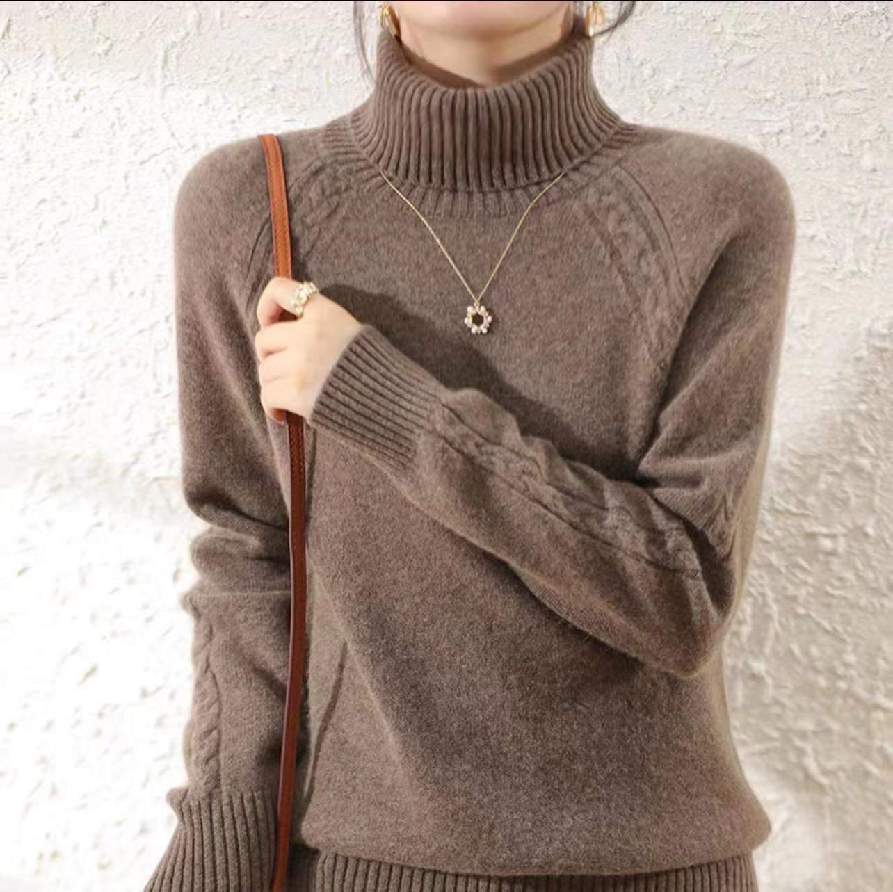 Women's Turtleneck Knitting Sweater Loose Western Style Dark Camel - Shop at LoveMi