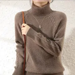 Women's Turtleneck Knitting Sweater Loose Western Style - Dark Camel - View 1