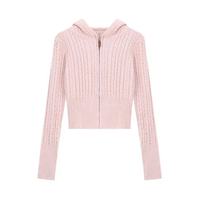 Soft Textured Knitted Hoodie With A Lazy Korean style Zip up Design Pink - Shop at LoveMi