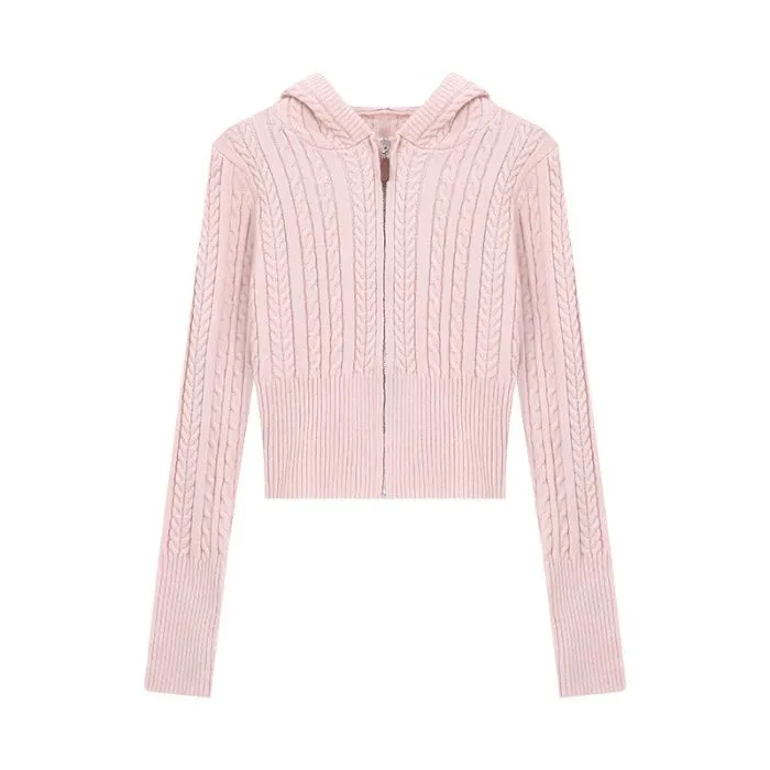 Soft Textured Knitted Hoodie With A Lazy Korean-style Zip-up Design - Pink