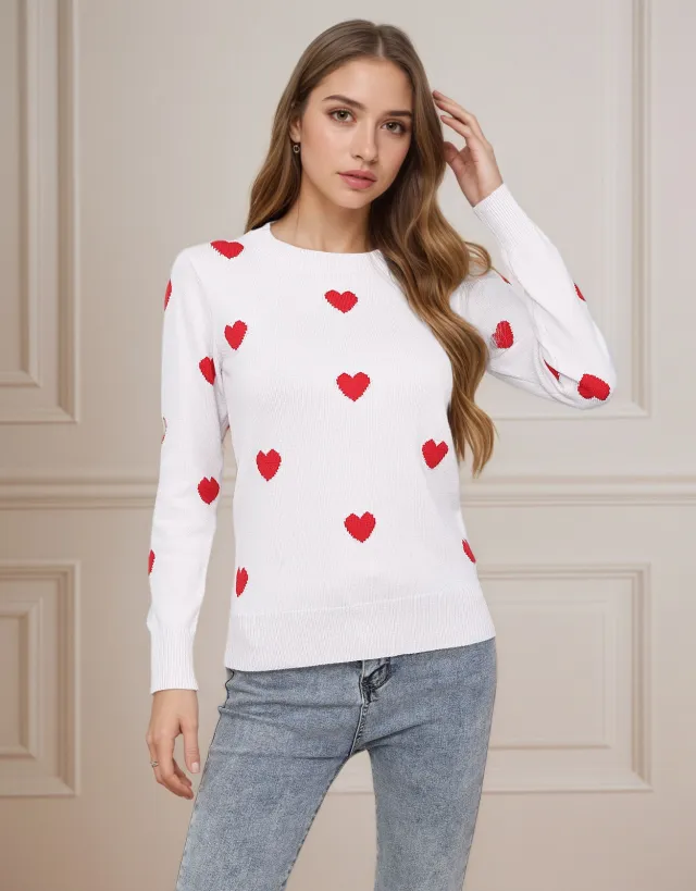 Women's Heart Jacquard Round Neck Pullover Sweater White - Shop at LoveMi