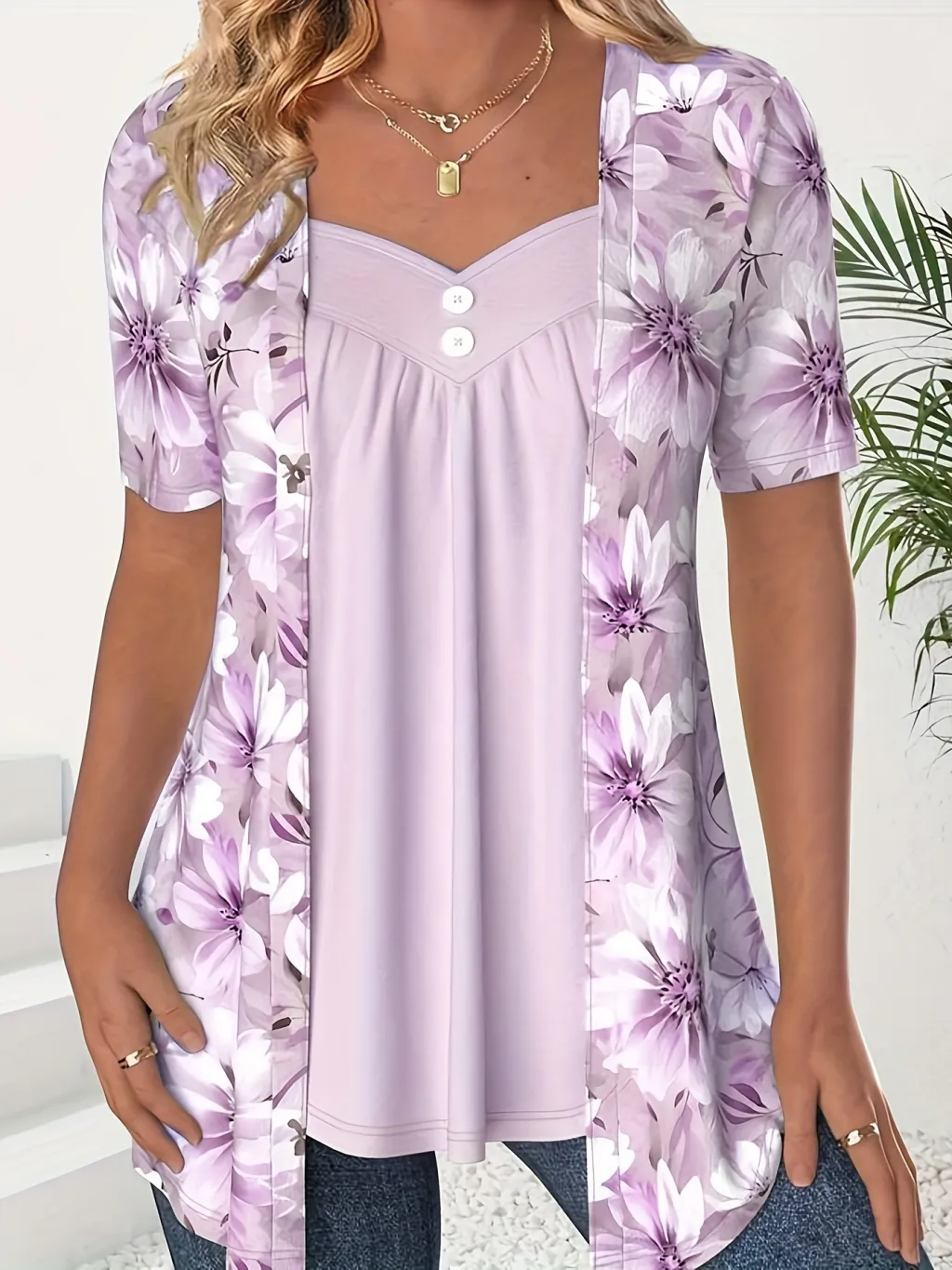 Fake Two Pieces Short Sleeve Printed Fashion Button Top - Purple