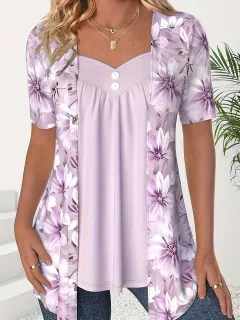 Fake Two Pieces Short Sleeve Printed Fashion Button Top - Purple - View 1