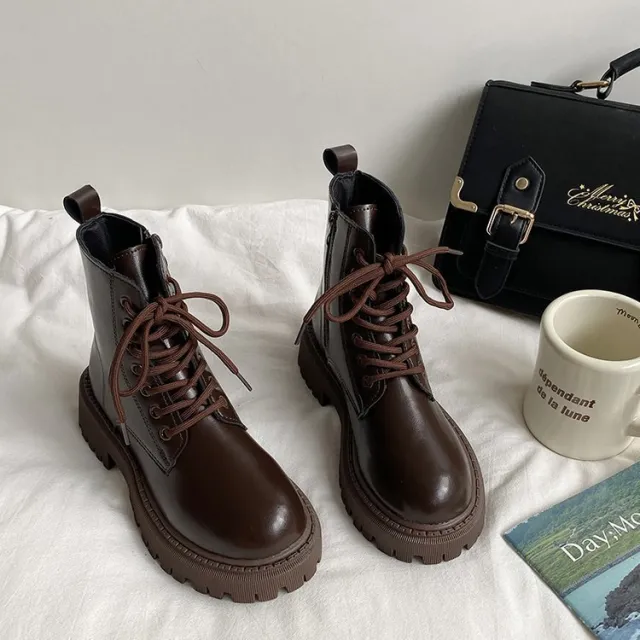 British Style Martin Boots For Women Fleece lined Platform Brown - Shop at LoveMi