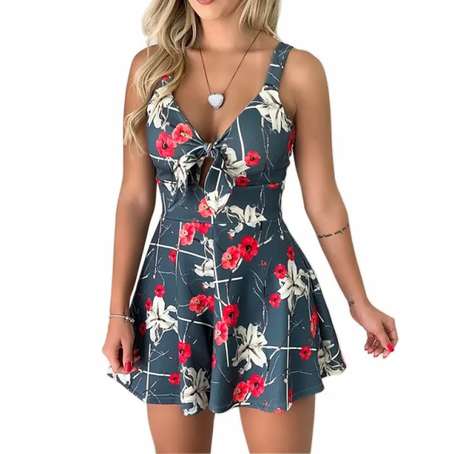 Bow Lace Printing Loose One piece Shorts Gray - Shop at LoveMi