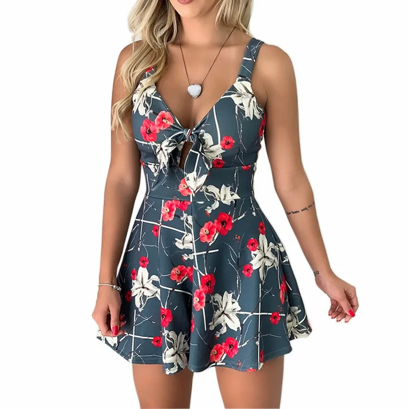 Bow Lace Printing Loose One-piece Shorts - Gray