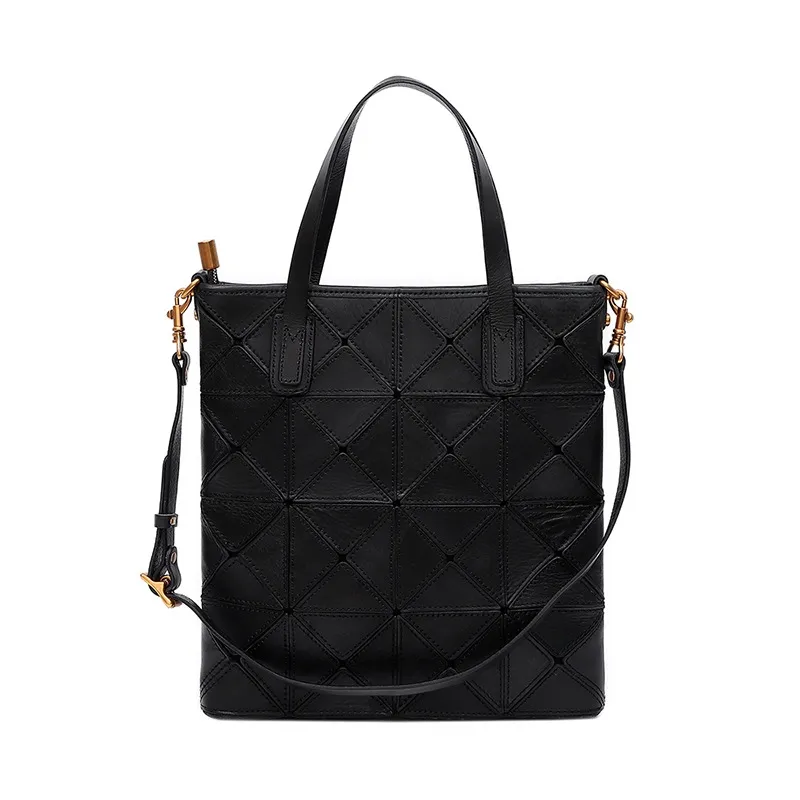 Tote Multi-functional Shoulder Bag Top Layer Cowhide Stitching Portable - Black