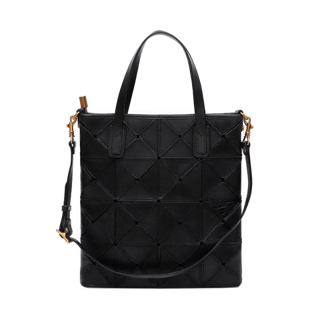 Tote Multi functional Shoulder Bag Top Layer Cowhide Stitching Portable Black - Shop at LoveMi