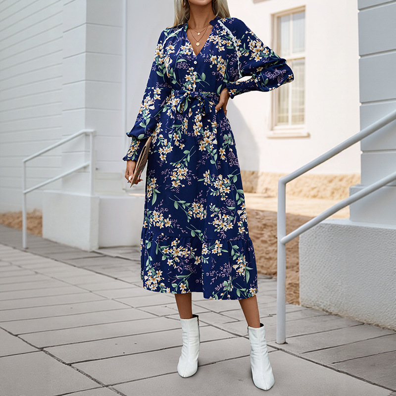 Autumn New European And American Women's Clothing Cross-border Long Sleeve Flower Print Dress