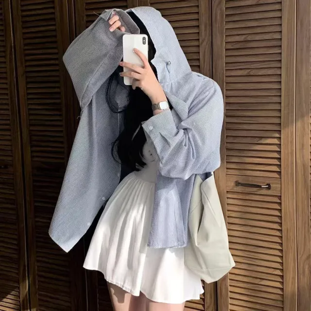 Long Sleeve Coat Plus Size Rimmed Patchwork Stripes Shirt For Women Blue - Shop at LoveMi