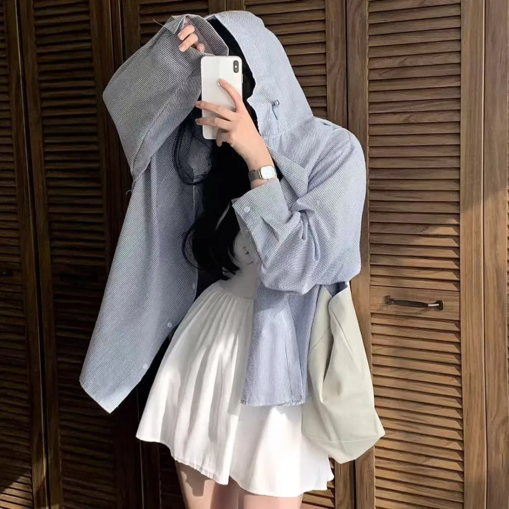 Long Sleeve Coat Plus Size Rimmed Patchwork Stripes Shirt For Women - Blue