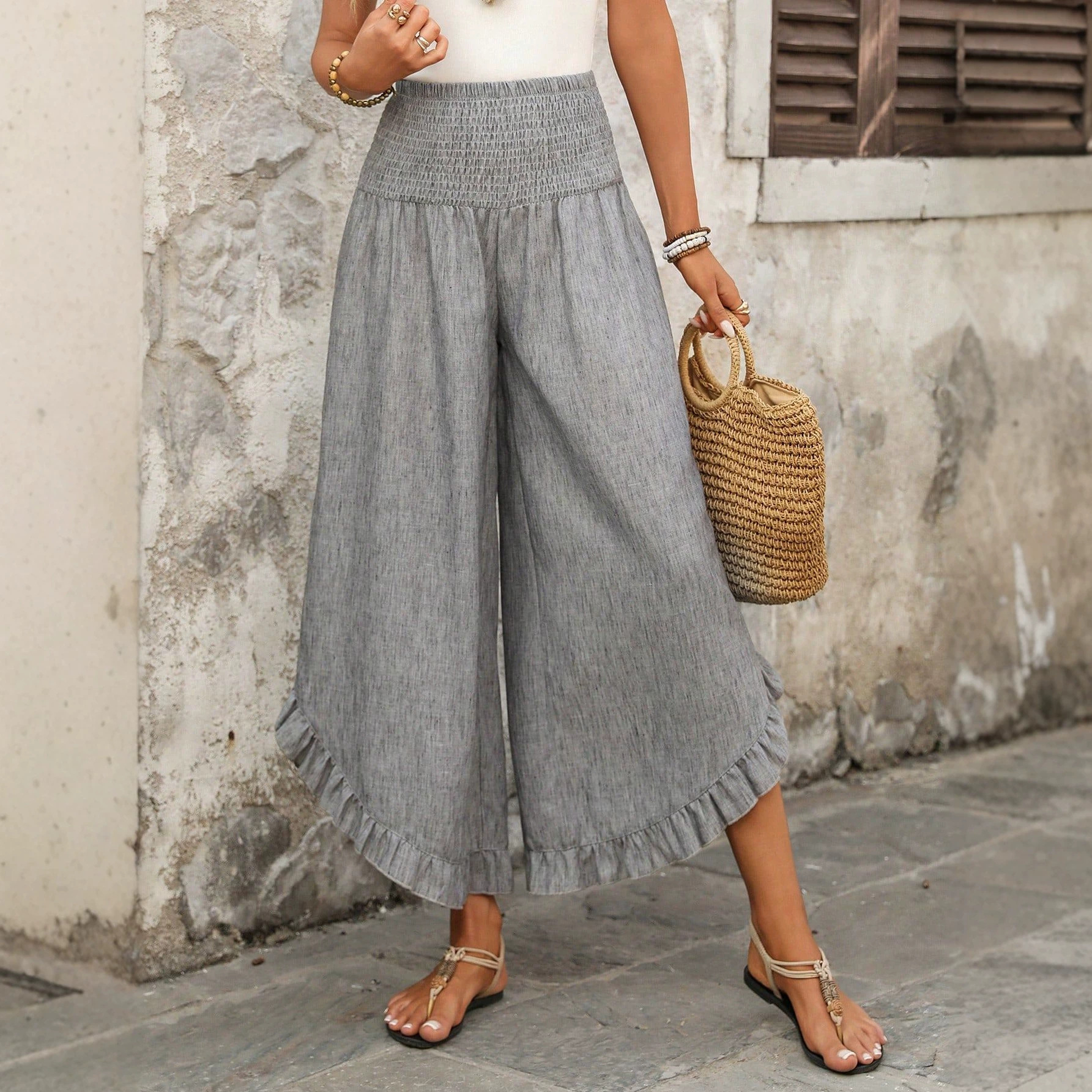 Solid-color Loose-fit, Ruched Elastic-waist Cropped Wide-leg Pants