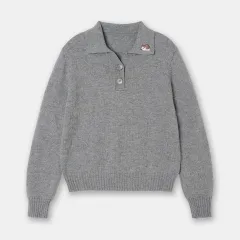 Gray Elegant Polo Collar Sweater Hedgehog Embroidered Long-sleeved Sweater - Gray - View 1