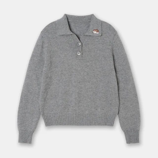 Gray Elegant Polo Collar Sweater Hedgehog Embroidered Long sleeved Sweater Gray - Shop at LoveMi