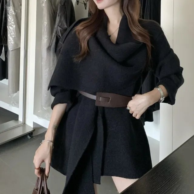 Women's Polyester Scarf Collar Knitted Cardigan Jacket Short Coat With Belt Black - Shop at LoveMi