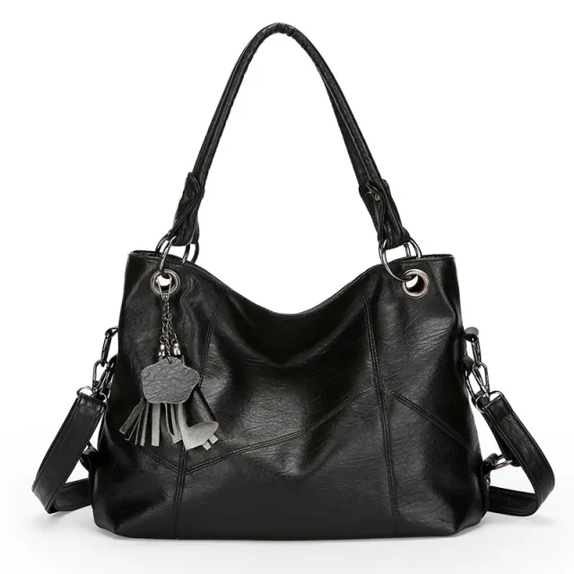 Retro Large Capacity Soft Leather Stitching Handbag Black - Shop at LoveMi