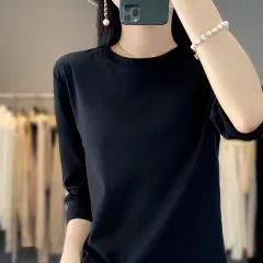 Women's Loose Summer-width Mercerized Cotton Short-sleeved T-shirt - Black - View 1