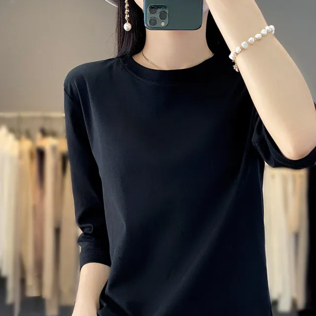 Women's Loose Summer width Mercerized Cotton Short sleeved T shirt Black - Shop at LoveMi