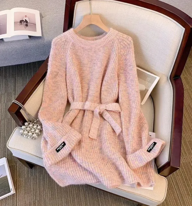 Plus Size Round Neck Sweater Autumn Women Clothing Idle Style Chubby Slimming Mid length Waist Tight Pullover Sweater Pink - Shop at LoveMi