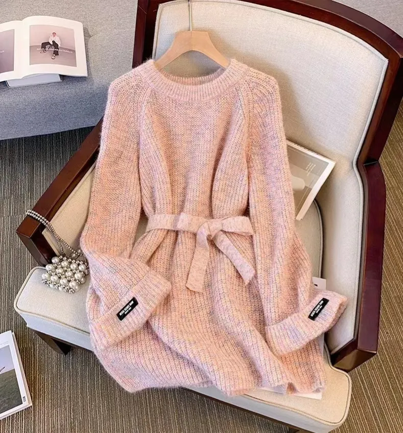 Plus Size Round Neck Sweater Autumn Women Clothing Idle Style Chubby Slimming Mid-length Waist Tight Pullover Sweater - Pink