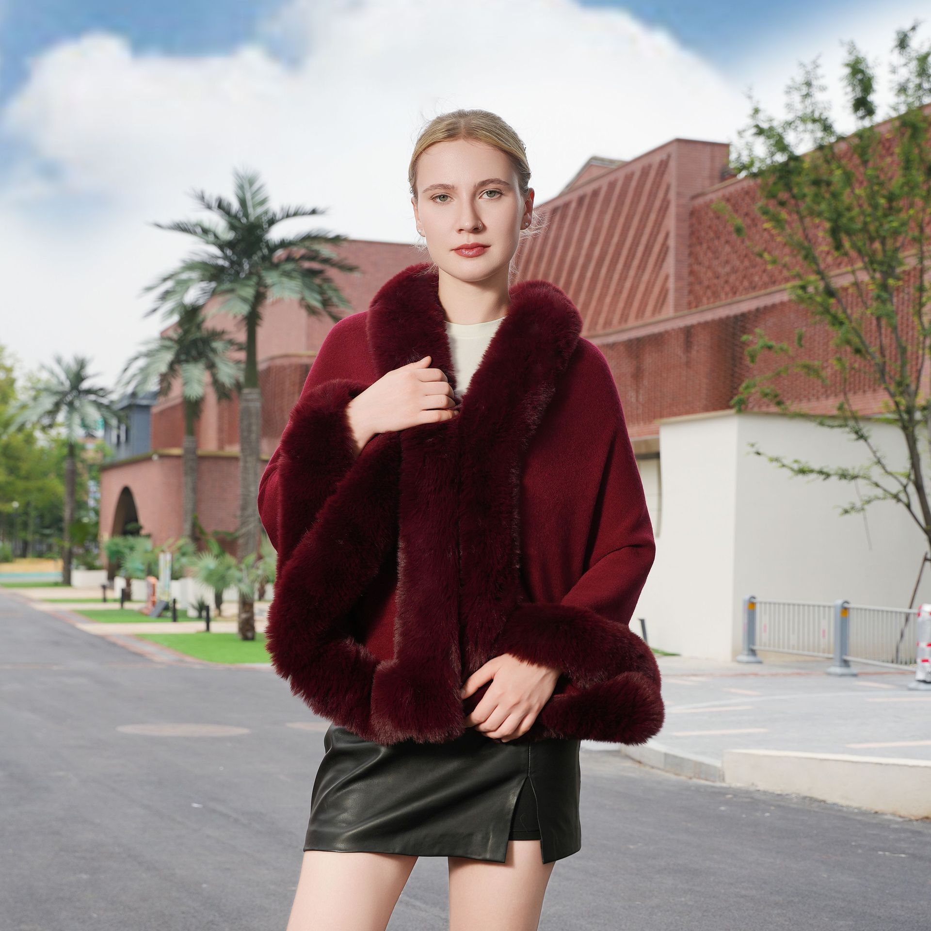 Pure Color All-matching Fur Shawl Warm Evening Gown Outer Cape