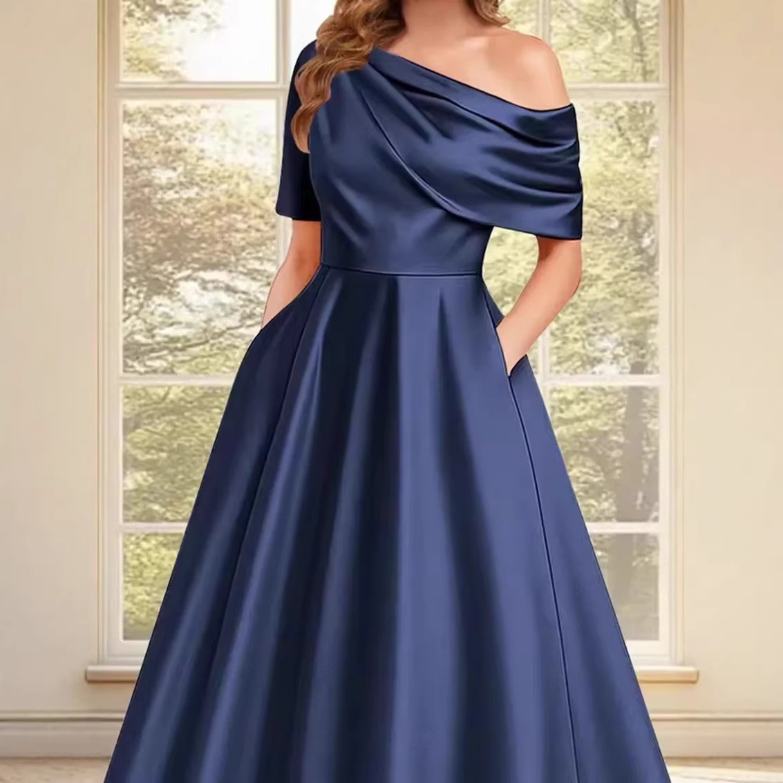 New Elegant And Sophisticated Satin Off-Shoulder Solid Color Dress 2