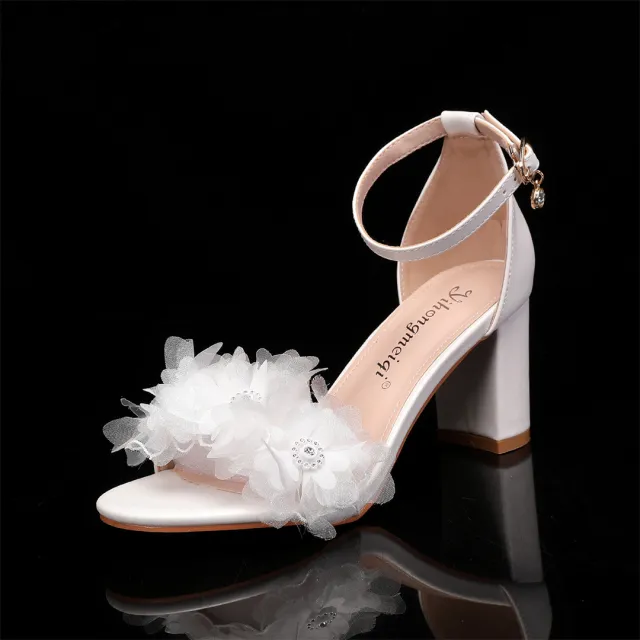 One Strap New Peep Toe High Heels Chunky Heel Low cut Rhinestone White - Shop at LoveMi