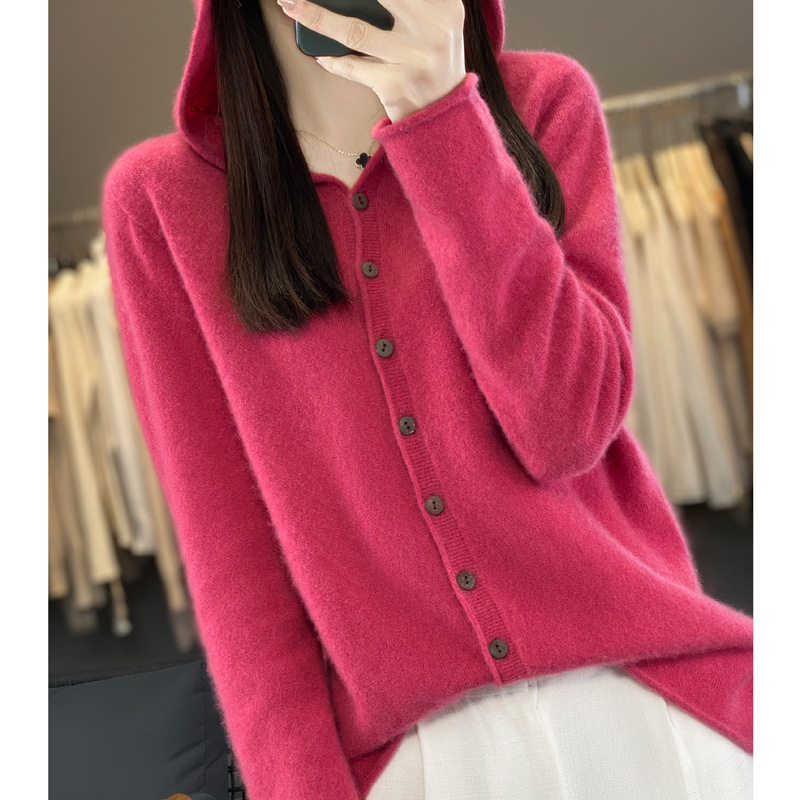 Pure Wool Sweater Women Cardigan Autumn And Winter Sweater Raspberry - Shop at LoveMi