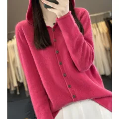 Pure Wool Sweater Women Cardigan Autumn And Winter Sweater - Raspberry-Xl - View 1