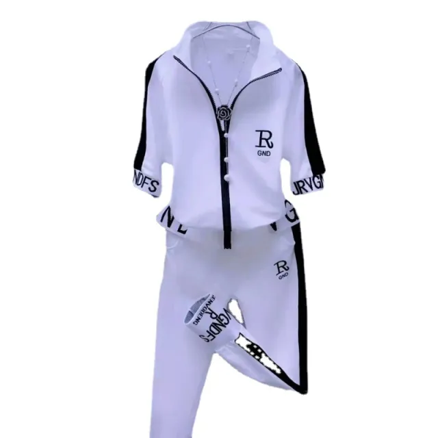 Zipper Coat Two piece Set Women's Letter Stand Collar Clothes Suit White Suit - Shop at LoveMi
