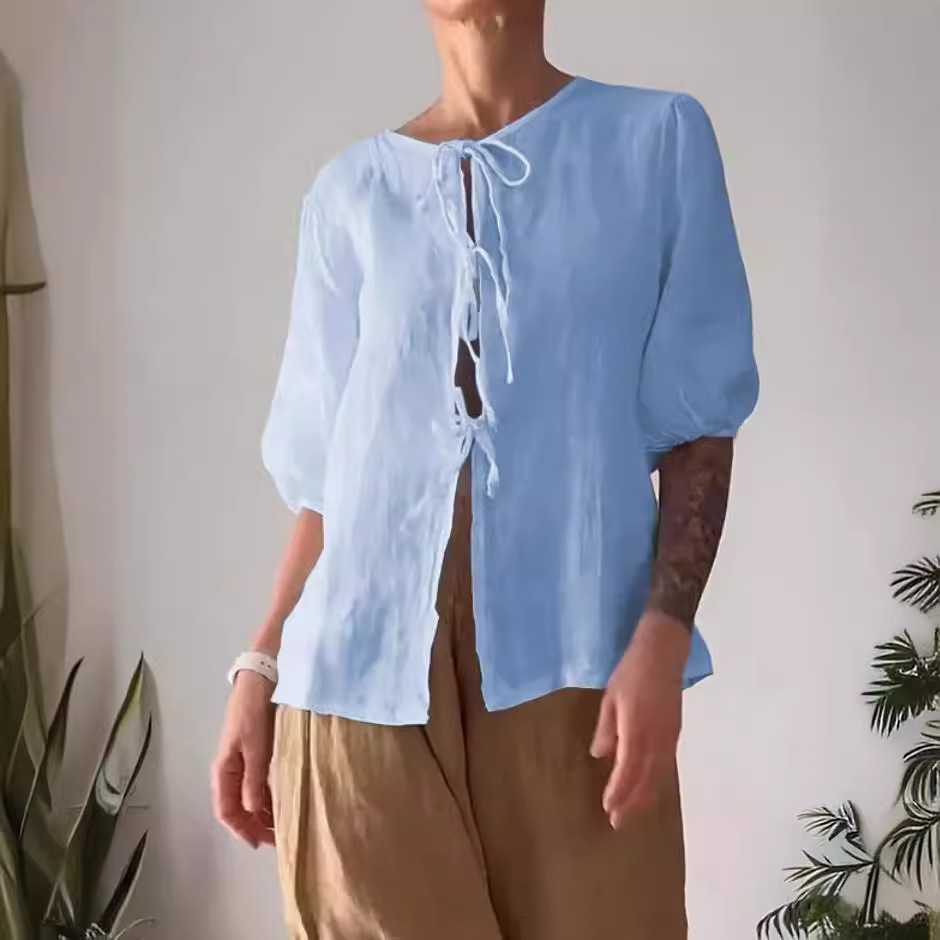 Fashion Casual Solid Color Round Neck Tied Shirt Wide Leg Pants Two-piece Set